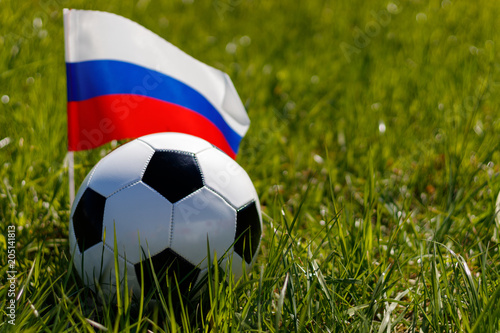 Soccer ball on the grass and the Russian flag. There is a place for the inscription
