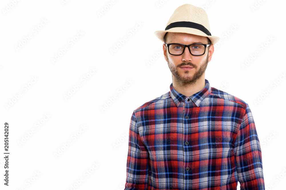 Young handsome bearded tourist man ready for vacation Young handsome bearded tourist man ready for vacation