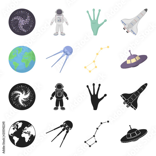 Planet Earth with continents and oceans, flying satellite, Ursa Major, UFO. Space set collection icons in black,cartoon style vector symbol stock illustration web.