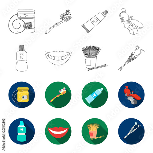 Dental sterile liquid in the jar, lips, teeth, toothpicks in the jar, medical instruments for the dentist. Dental care set collection icons in outline,flat style vector symbol stock illustration web.