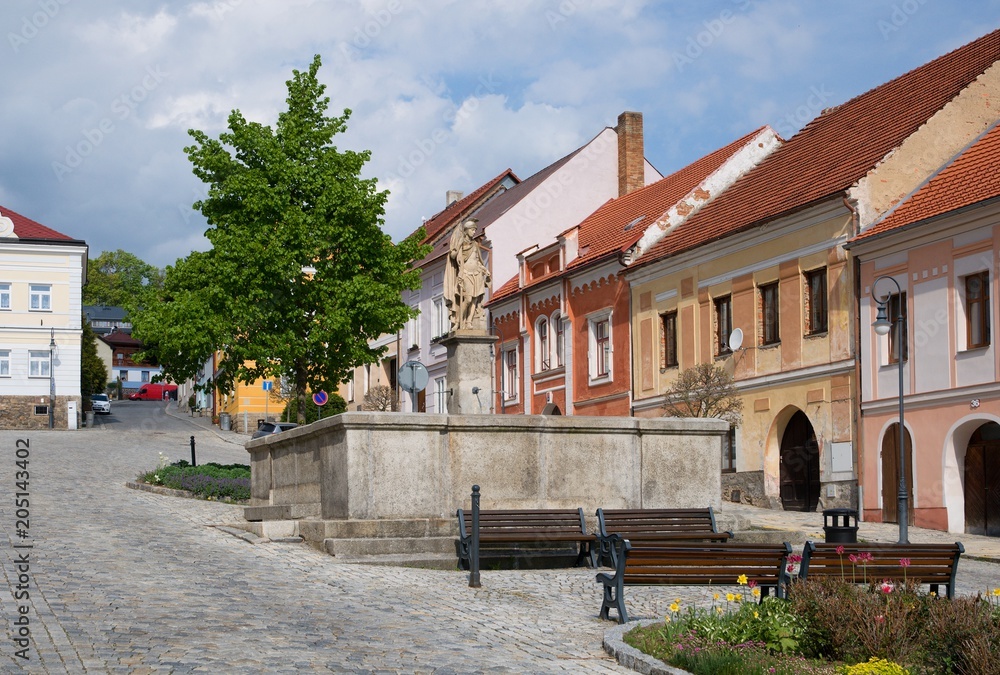 Square with fountain in the historic town Vimperk, southern Bohemia, Czech republic, Europe,