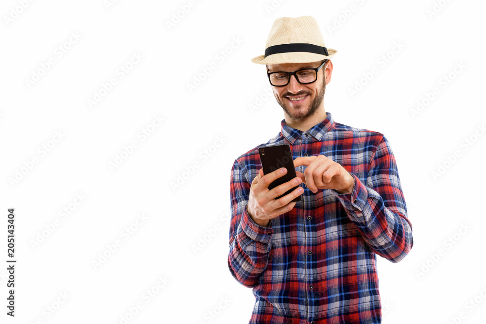 Young handsome bearded tourist man ready for vacation