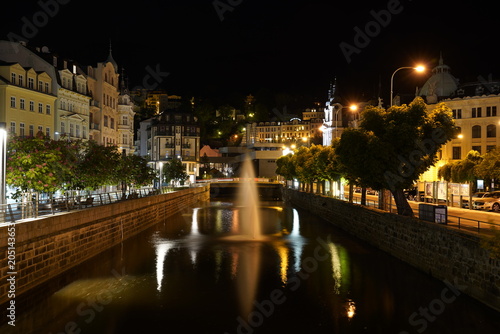 View at the beautiful streets and the river in Calrsbad (Karlovy Vary), Czech Republic at night
