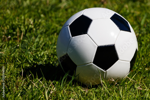Classic soccer ball on a background of green grass. The bright sun is shining, on the grass the shadow of a soccer ball