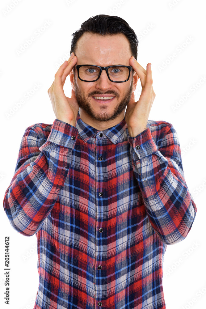 Young handsome bearded man construction worker Young handsome bearded man construction worker