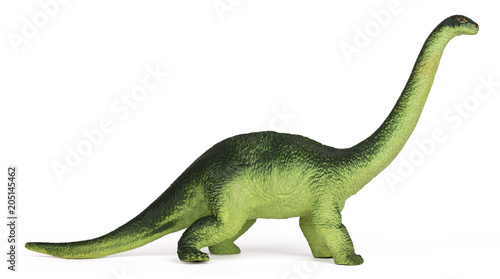 Green dinosaur diplodoc plastic toy model isolated on white background