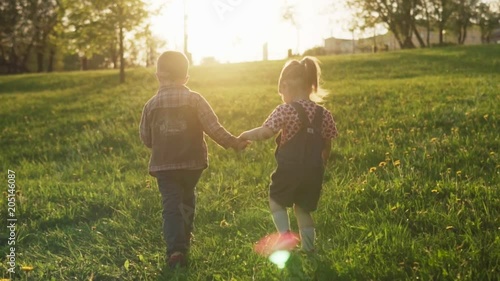 Little boy and girl walking together along summer field at sunset