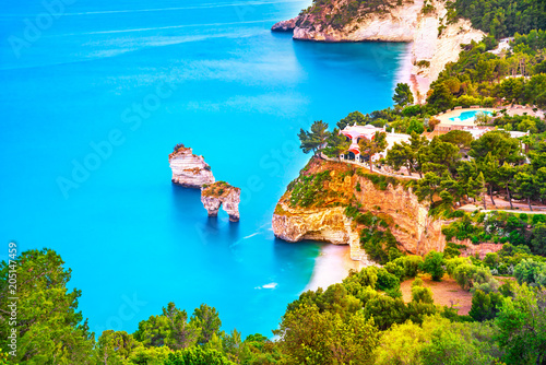 Fototapeta Naklejka Na Ścianę i Meble -  Mattinata Faraglioni stacks and beach coast, Vieste Gargano, Apulia, Italy.