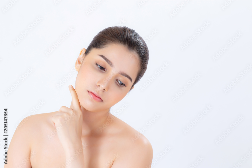Portrait of beautiful brunette woman makeup of cosmetic, girl hand touch chin and smile attractive, face of beauty perfect with wellness isolated on white background with skin healthcare concept. Portrait of beautiful brunette woman makeup of cosmetic, girl hand touch chin and smile attractive, face of beauty perfect with wellness isolated on white background with skin healthcare concept.