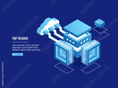 Cloud warehouse, data copy storage, server room, connection with cloud, data center database icon