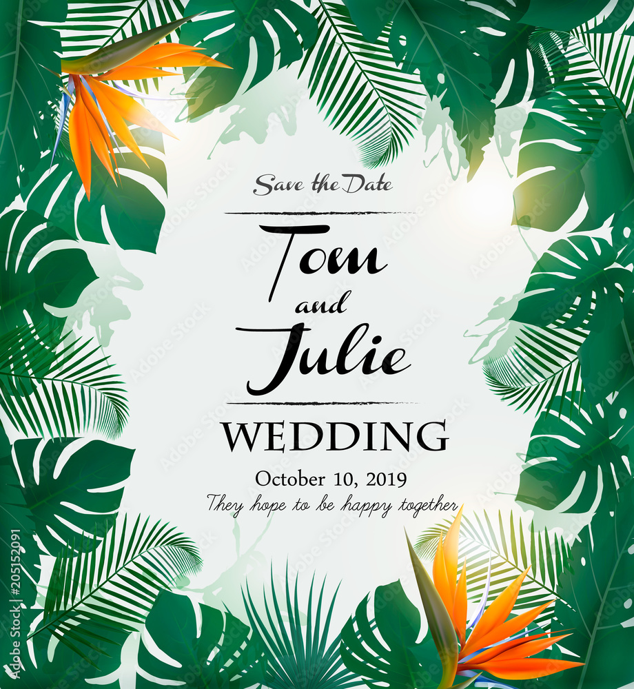 Fototapeta Wedding invitation desing with exotic leaves and coloful flowers. Vector