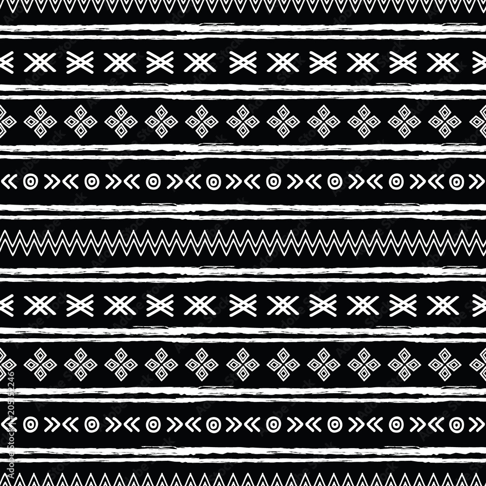 Tribal black and white seamless repeat pattern. Great for folk modern wallpaper, backgrounds, invitations, packaging design projects. Surface pattern design.