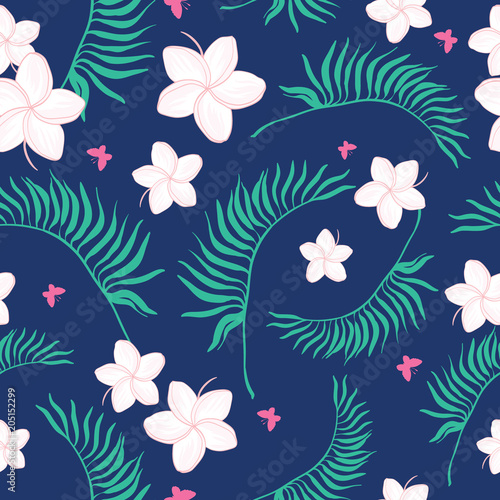 Tropical navy and pink flowers seamless pattern. Great for summer exotic wallpaper, backgrounds, packaging, fabric, and giftwrap projects. Surface pattern design.