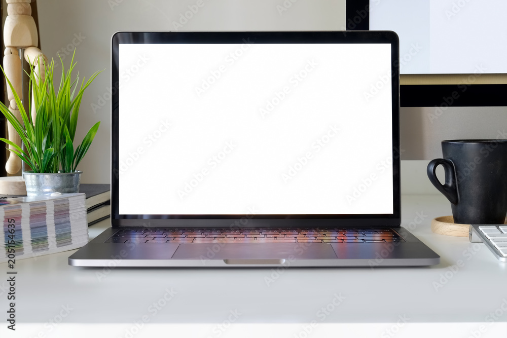 Mockup isolate screen laptop on table. workspace with computer Mockup isolate screen laptop on table. workspace with computer