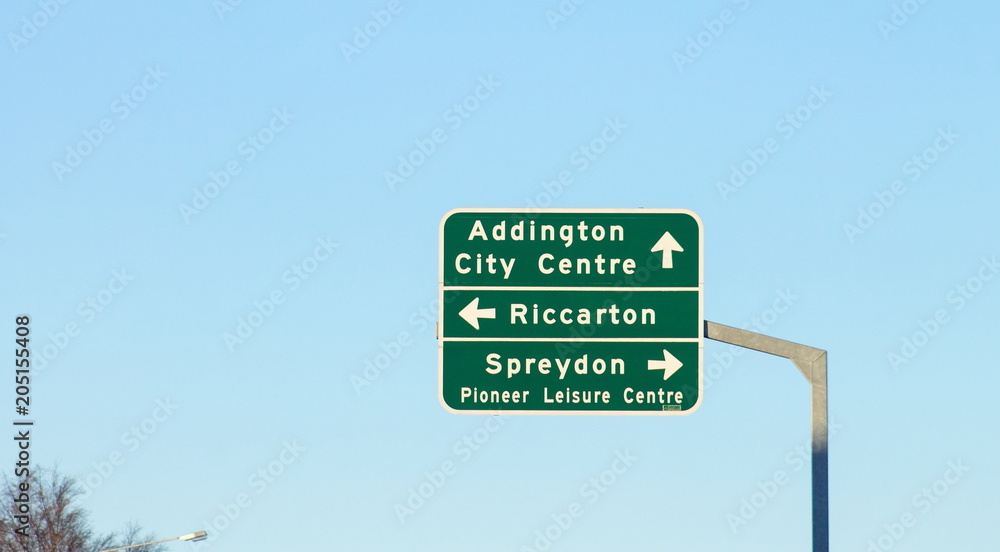 Fototapeta premium Christchurch Road Sign in New Zealand with copy space
