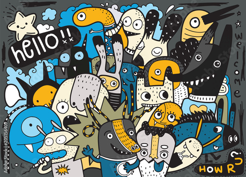 Hipster Hand drawn Crazy doodle Monster City,drawing style.Vecto