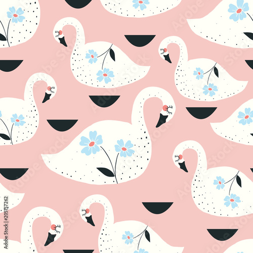 swans and flowers vector seamless repeat pattern