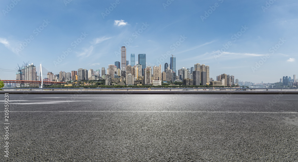 Panoramic skyline and buildings with empty road，chongqing city，china