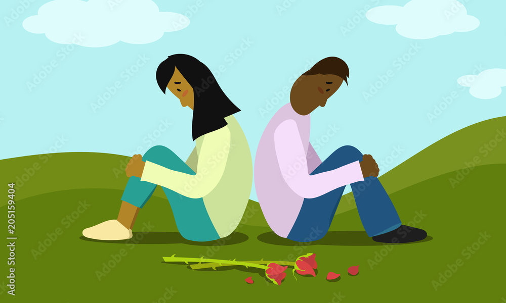 Diverse couple looking sad sitting outdoors near two wilting red roses.  Vector illustration Stock Vector | Adobe Stock