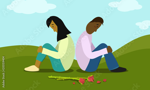 Diverse couple looking sad sitting outdoors near two wilting red roses. Vector illustration