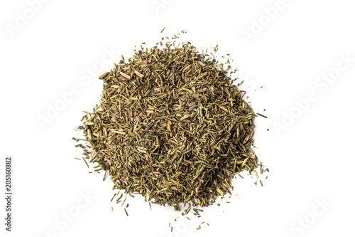 Pile of dried thyme seasoning isolated on white background