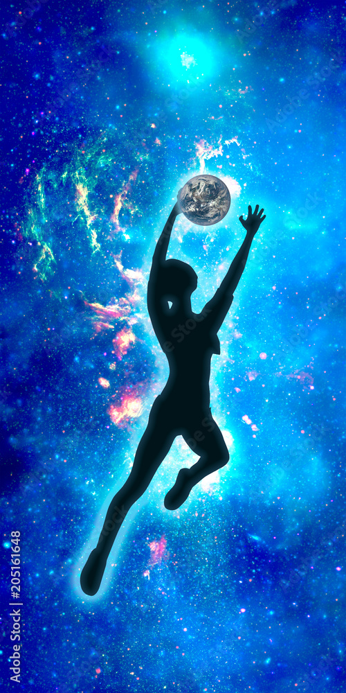 Basketball player. Girl jumping and catching the Earth globe. Elements of this image furnished by NASA. Deep space filled with stars, nebula and galaxy. Cutout silhouettes.