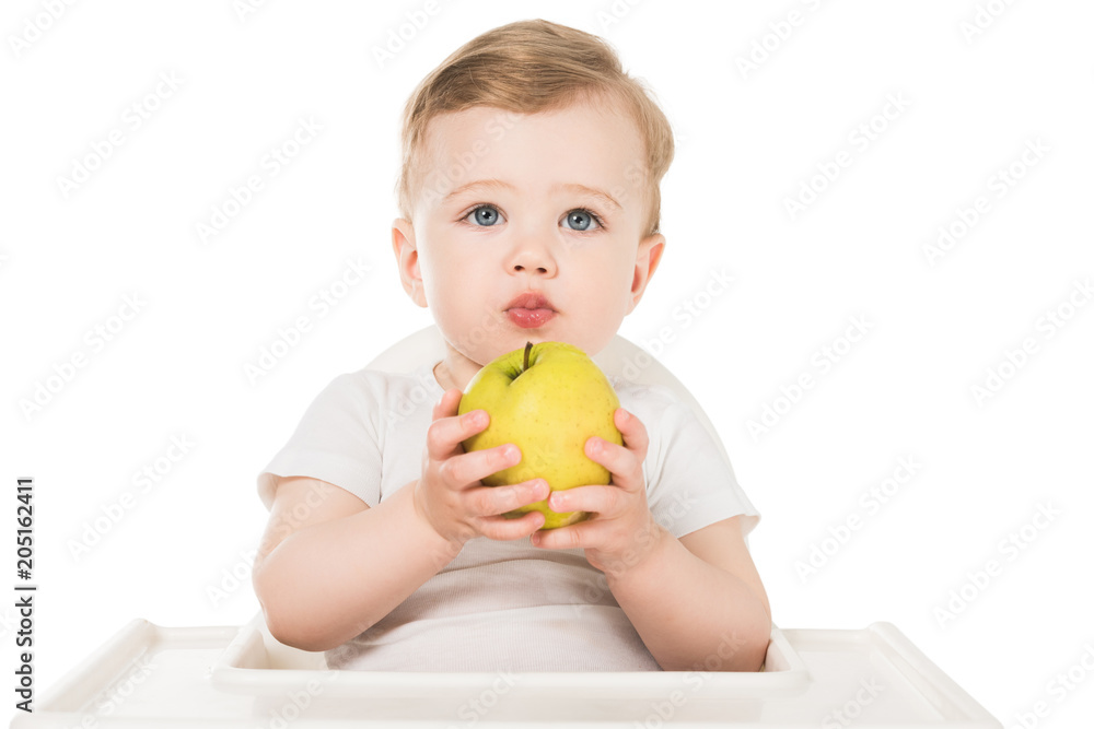 baby boy holding apple and sitting in highchair isolated on white background baby boy holding apple and sitting in highchair isolated on white background
