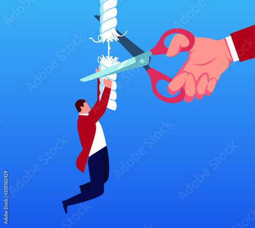 The rope that the businessman climbed was cut off