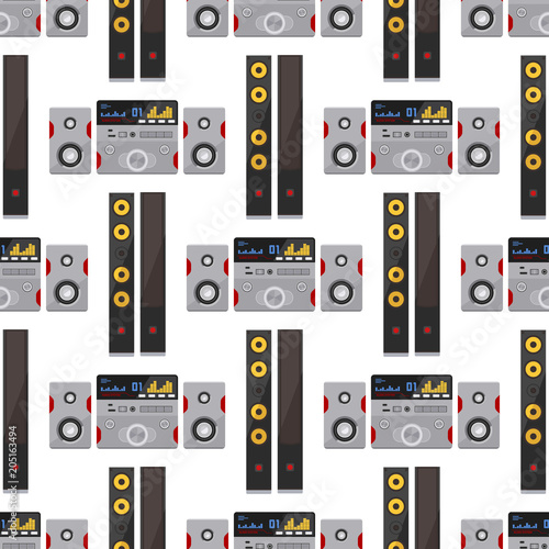 Acoustic sound system stereo flat vector seamless pattern background music loudspeakers player subwoofer equipment technology.