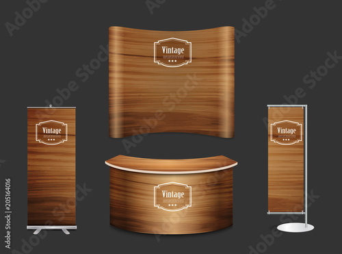 Blank trade show booth exhibition stand design mock up. Front view with wood texture background, Vector illustration layout template display for design work