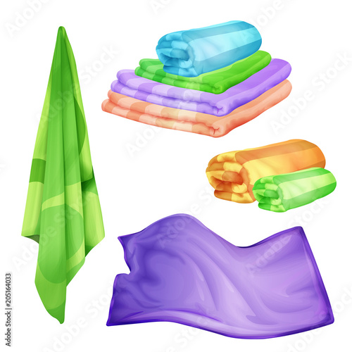 Vector bathroom, spa colored towel set. Realistic folded, hanging fluffy cotton objects, shower or kitchen household object. 3d fabric soft cloth for drying skin, personal hygiene.