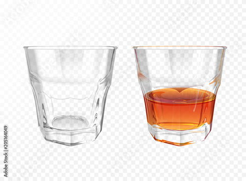 Whiskey glass 3D vector illustration of realistic crockery for brandy or cognac and whisky. Isolated transparent empty and half full glassware mockup template models set