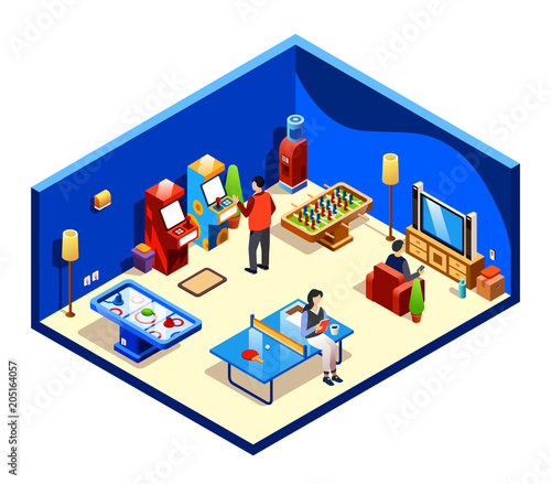 Vector isometric people resting in cross section recreation room with entertainment and amusements - table tennis or ping-pong, foosball and air hockey, TV set with cozy armchair, two slot machines