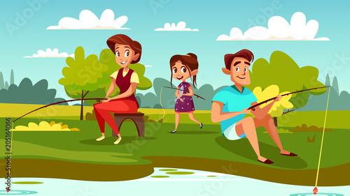 Family fishing vector illustration of mother, father and daughter on weekend holiday. Cartoon family together spend time catching fish with rods in outdoor nature at lake or river