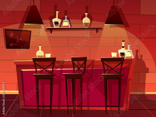 Bar or pub counter vector illustration. Cartoon flat front interior design of beer bar with chair seats and barista shelf with bottles of whiskey, vodka or tap beer and alcoholic drinks menu board