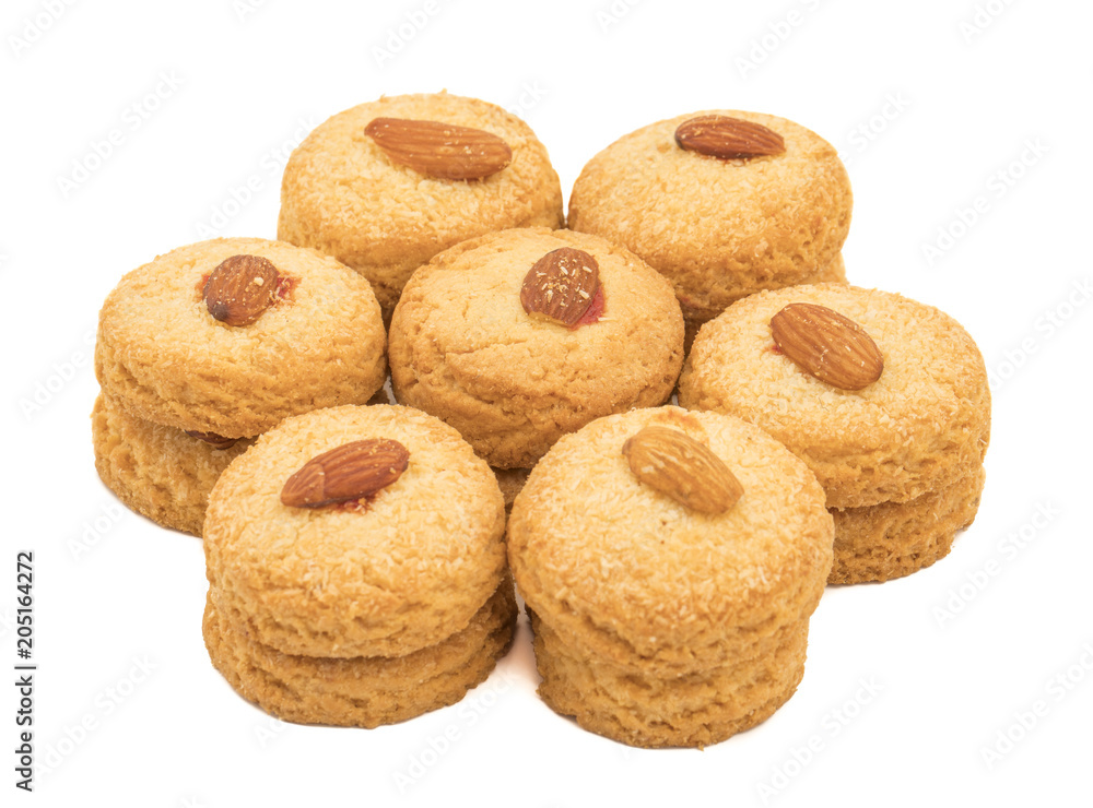 Healthy Homemade Sweet Almond Cookies or biscuits Also Know as Nan Khatai isolated on white background Healthy Homemade Sweet Almond Cookies or biscuits Also Know as Nan Khatai isolated on white background