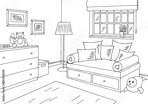 Children room graphic black white home interior sketch illustration vector