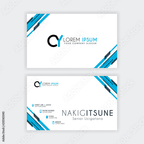 Simple Business Card with initial letter CY rounded edges with a blue and gray corner decoration.
