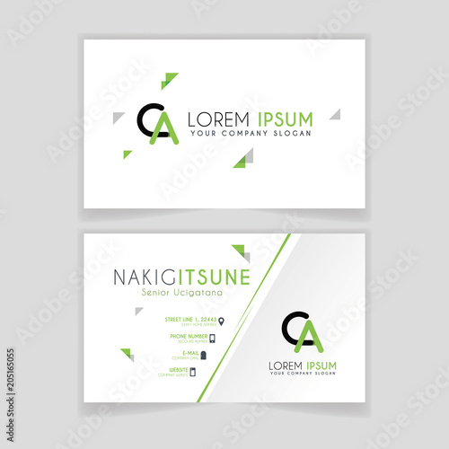 Simple Business Card with initial letter CA rounded edges with green accents as decoration.