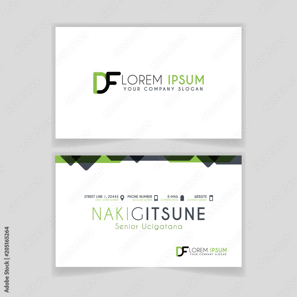 Simple Business Card with initial letter DF rounded edges with green accents as decoration.
