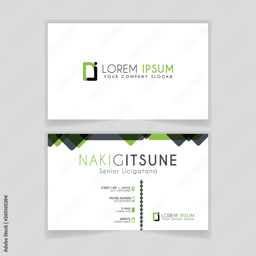 Simple Business Card with initial letter DI rounded edges with green accents as decoration. Simple Business Card with initial letter DI rounded edges with green accents as decoration.