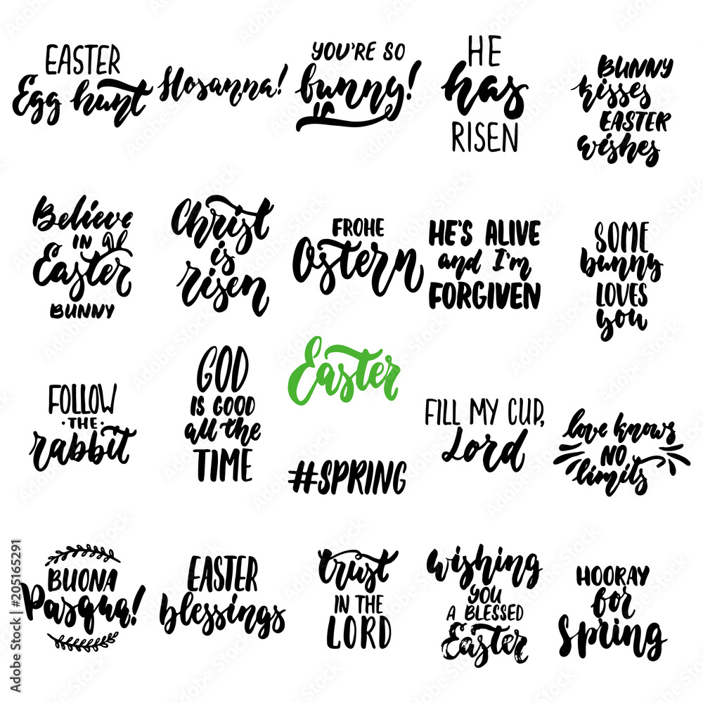 Hand drawn seasons set of lettering phrase about Easter isolated on the white background. Fun brush ink vector illustration for banners, greeting card, photo overlays. Hand drawn seasons set of lettering phrase about Easter isolated on the white background. Fun brush ink vector illustration for banners, greeting card, photo overlays.