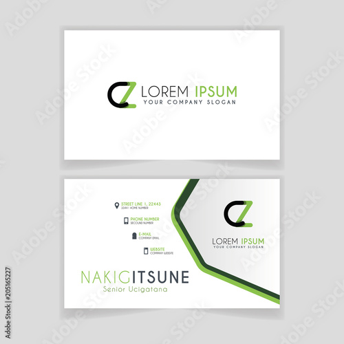 Simple Business Card with initial letter CZ rounded edges with green accents as decoration.