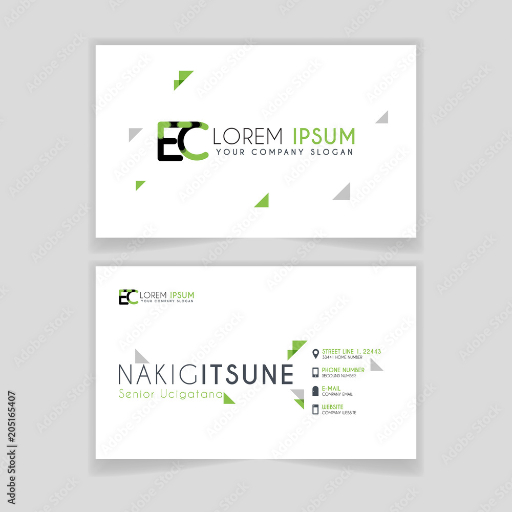 Simple Business Card with initial letter EC rounded edges with green accents as decoration. Simple Business Card with initial letter EC rounded edges with green accents as decoration.