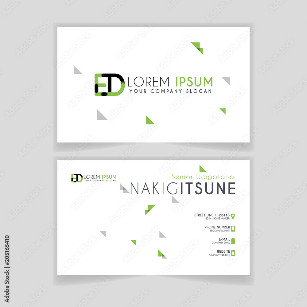 Simple Business Card with initial letter ED rounded edges with green accents as decoration. Simple Business Card with initial letter ED rounded edges with green accents as decoration.