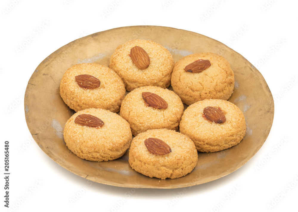 Healthy Homemade Sweet Almond Cookies or biscuits Also Know as Nan Khatai isolated on  white background