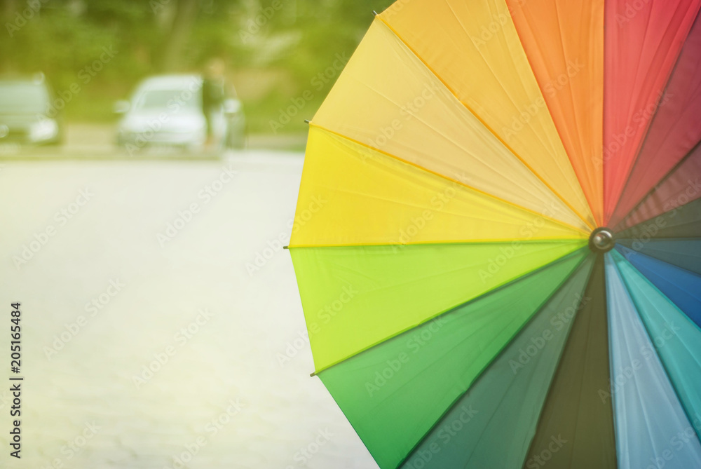 Colorful Rainbow Umbrella Blureed Street Background Copy Space Spring Summer Rain