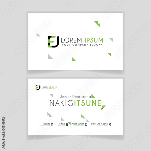 Simple Business Card with initial letter EJ rounded edges with green accents as decoration.