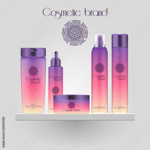 Set of realistic gradient color cosmetic bottle. 3D mockup bottle isolated on white background. Cosmetic products package.