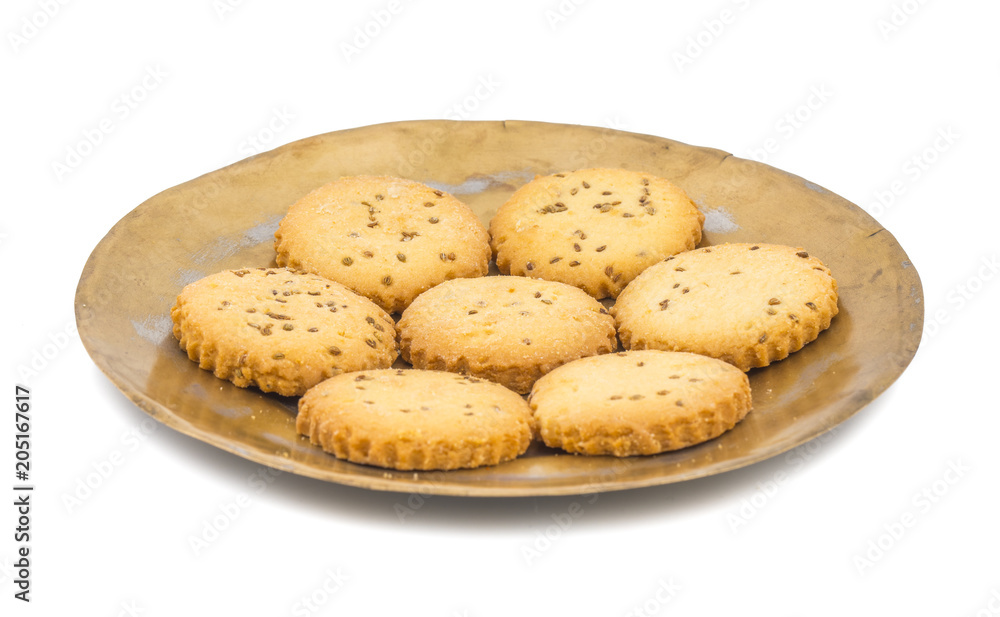 Salted Cumin Cookies or Jeera Cookies as we call them in India are ideal for tea time. Little Sweet and Little Salty isolated on White Background Salted Cumin Cookies or Jeera Cookies as we call them in India are ideal for tea time. Little Sweet and Little Salty isolated on White Background